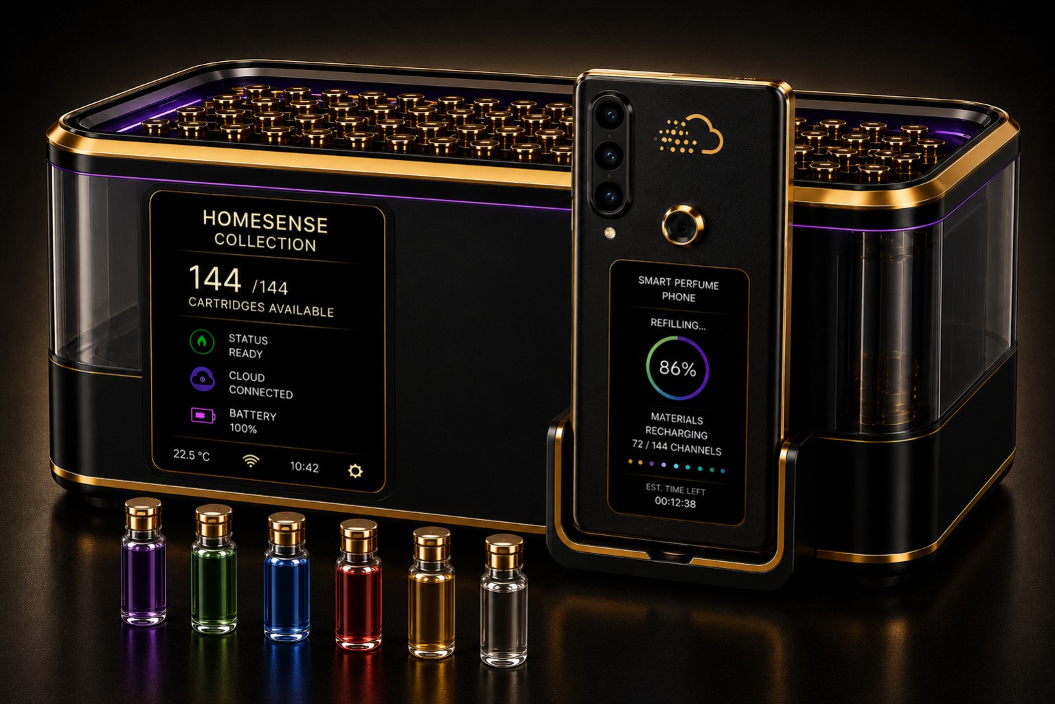 HomeSense Collection with Smart Olfactory Phone connected for selective olfactory material refilling